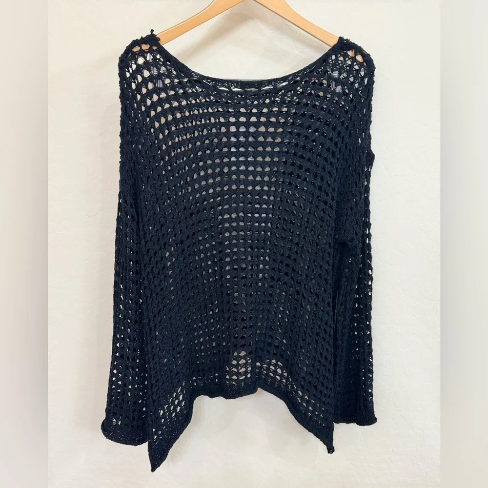 POL Black Open-Knit Crochet Scoop Neck Sweater New w Tags - Picture 3 of 4